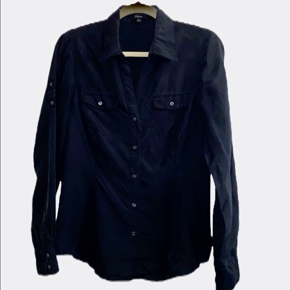 Express Button Up Silk Tab Sleeve Black Shirt